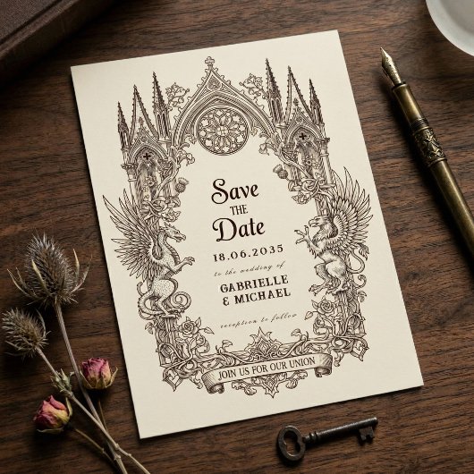 Middeleeuwse gotische draak griffioen oud papier save the date