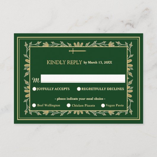 Middeleeuwse gouden bloemharten en zwaard bruiloft informatiekaartje (Achterkant)