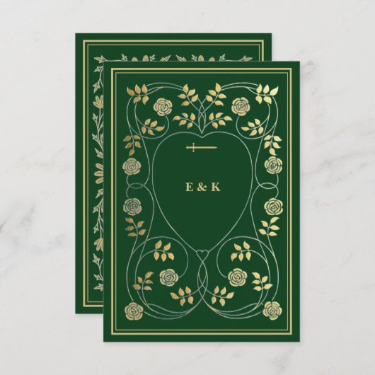 Middeleeuwse gouden bloemharten en zwaard bruiloft informatiekaartje (Voorkant / Achterkant)