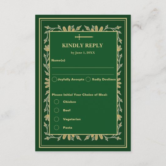 Middeleeuwse gouden bloemharten en zwaard bruiloft informatiekaartje (Achterkant)