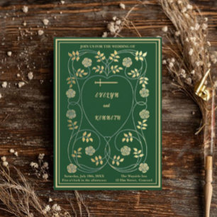 Middeleeuwse gouden bloemharten en zwaard bruiloft kaart