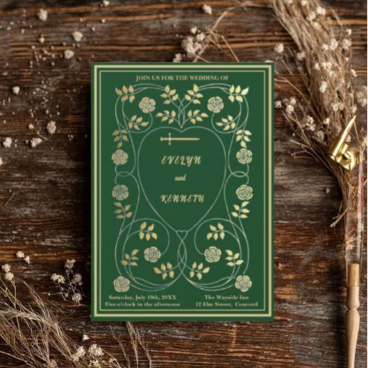 Middeleeuwse gouden bloemharten en zwaard bruiloft kaart