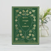 Middeleeuwse gouden bloemharten en zwaard bruiloft kaart (Staand voorkant)