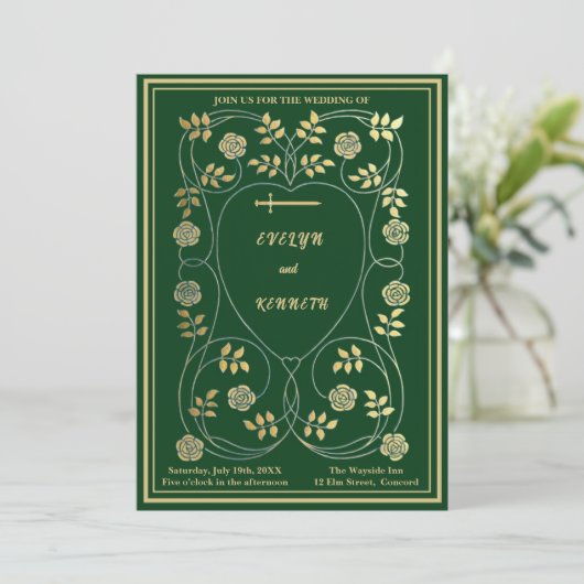 Middeleeuwse gouden bloemharten en zwaard bruiloft kaart (Staand voorkant)