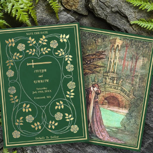 Middeleeuwse gouden bloemharten en zwaard bruiloft save the date