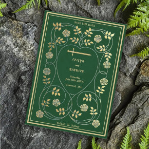 Middeleeuwse gouden bloemharten en zwaard bruiloft save the date