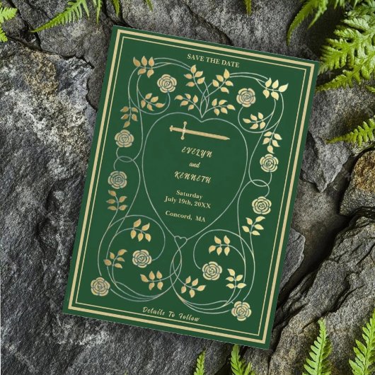 Middeleeuwse gouden bloemharten en zwaard bruiloft save the date