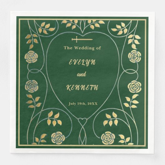 Middeleeuwse gouden bloemharten en zwaard bruiloft servet (Voorkant)