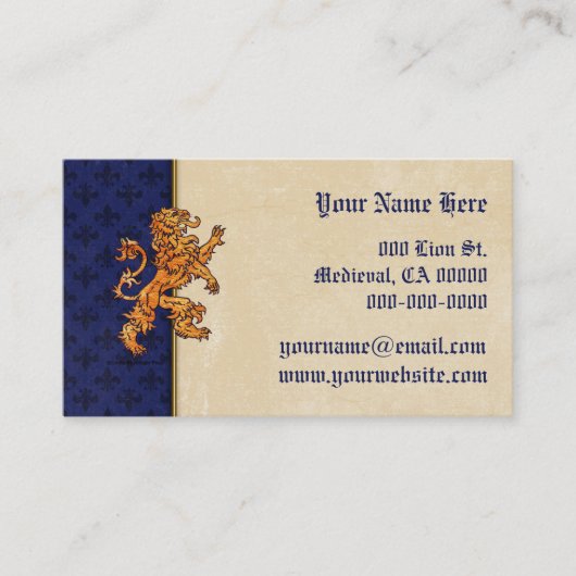 Middeleeuwse Gouden Leeuw Blue Fleur DE Lis Visitekaartje (Voorkant)