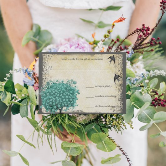 Middeleeuwse Groene Hart Bladboom Liefde Vogel Bru RSVP Kaartje