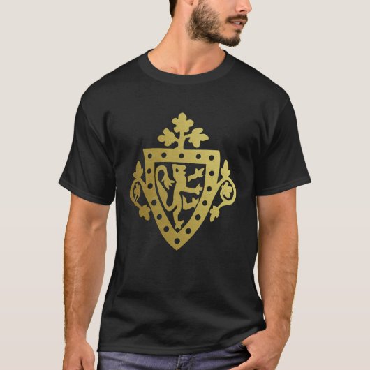 Middeleeuwse Herald Rampant Lion Shield Metallic T-shirt (Voorkant)