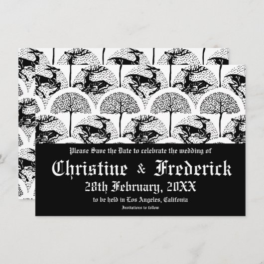 Middeleeuwse herten en bomen, bewaar de datum save the date (Voorkant / Achterkant)