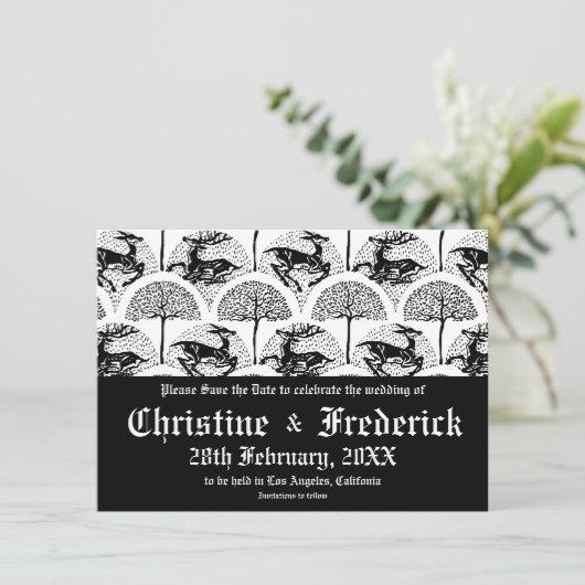 Middeleeuwse herten en bomen, bewaar de datum save the date (Staand voorkant)