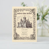 Middeleeuwse Kasteel Sepia Illustratie Bruiloft Save The Date (Staand voorkant)