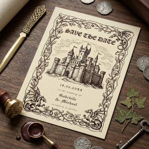 Middeleeuwse Kasteel Sepia Illustratie Bruiloft Save The Date