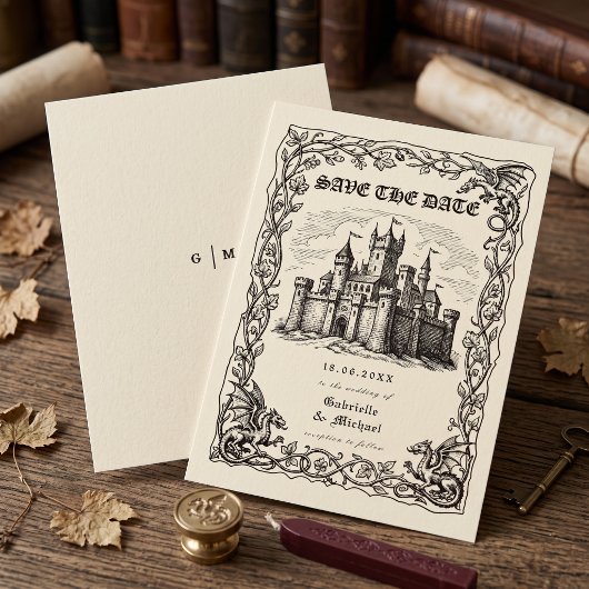 Middeleeuwse Kasteel Sepia Illustratie Bruiloft Save The Date