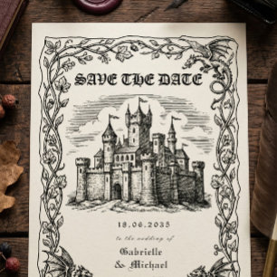 Middeleeuwse Kasteel Zwart Witte Illustratie Save The Date