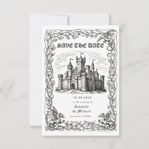 Middeleeuwse Kasteel Zwart Witte Illustratie Save The Date