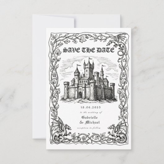 Middeleeuwse Kasteel Zwart Witte Illustratie Save The Date (Voorkant)