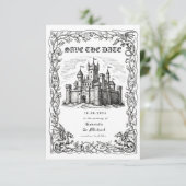 Middeleeuwse Kasteel Zwart Witte Illustratie Save The Date (Staand voorkant)