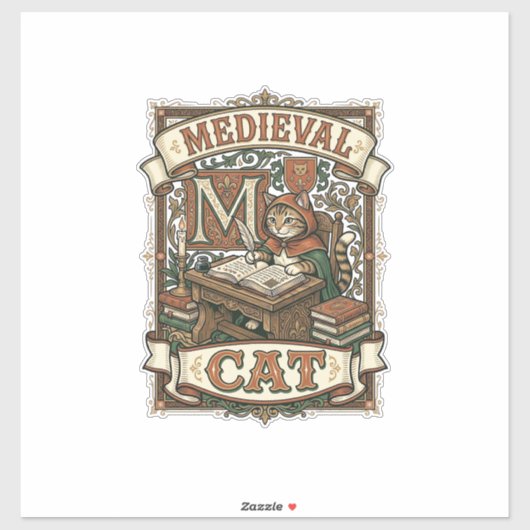 Middeleeuwse Kat Kat Middeleeuwse Manuscripten Vin Sticker (Vel)