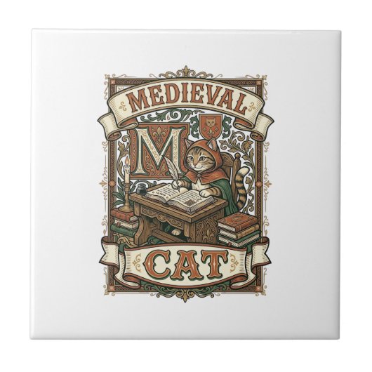 Middeleeuwse Kat Kat Middeleeuwse Manuscripten Vin Tegeltje (Voorkant)