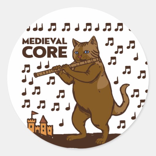 Middeleeuwse Kern Moppige Kat die Fluit Speelt Kun Ronde Sticker (Voorkant)