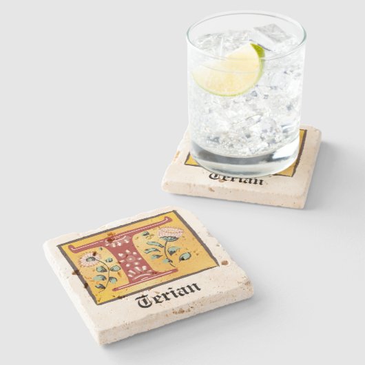 Middeleeuwse lichte, verlichte brief T Monogram Stenen Onderzetter (Zijkant)