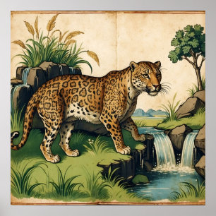Middeleeuwse luipaard met Waterval Natuur Art Poster