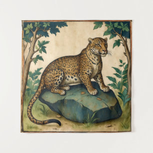Middeleeuwse luipaard op rots in het bos kunst wandkleed