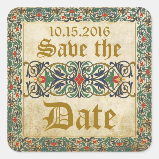 Middeleeuwse Manuscript Gothic Sla het Datumlabel Vierkante Sticker (Voorkant)