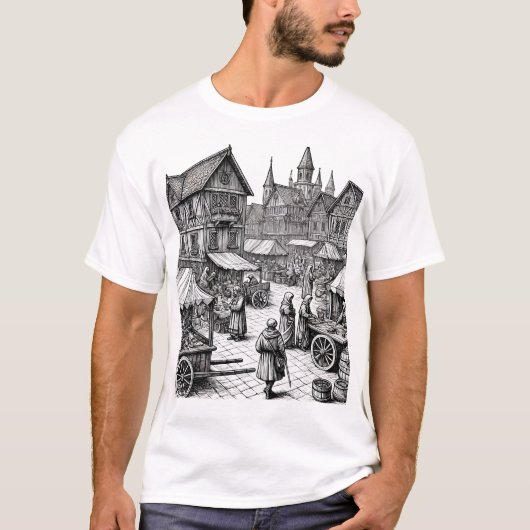 Middeleeuwse Marktplaats Hand-Drawn Sketch T-shirt (Voorkant)