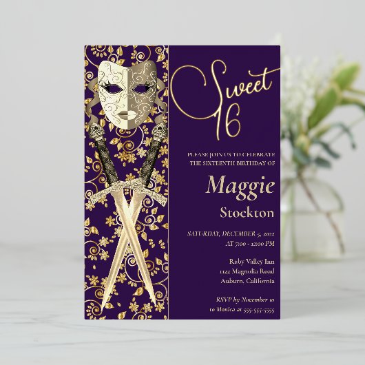 Middeleeuwse Masquerade Sweet 16 Uitnodiging (Staand Voorkant)
