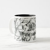 Middeleeuwse militaire kamp, uit een boek, pub. 18 tweekleurige koffiemok (Voorkant links)