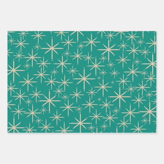 Middeleeuwse Mod Retro Starbursts Oranje Blauwgroe Inpakpapier Vel (Voorkant 2)