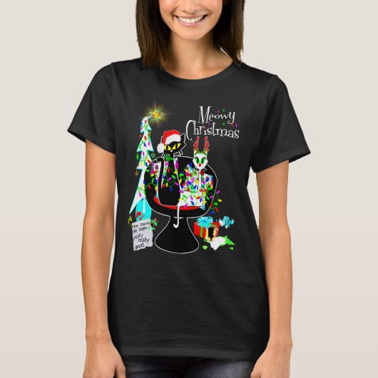 Middeleeuwse moderne atoomkat Meowy Kerstmis T-shirt (Voorkant)