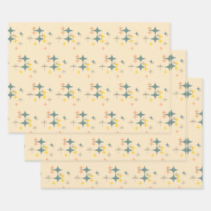 Middeleeuwse moderne Eames Era Atomic Starbursts 2 Inpakpapier Vel