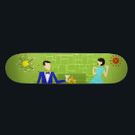 Middeleeuwse moderne paarse skateboard<br><div class="desc">Dit 'Mid Century Modern Couple Skateboard' lijkt op een scène uit een romantische komedie. Het minimalistische kunstontwerp uit de jaren zestig biedt een aantrekkelijk cartoon koppel dat thuis geniet van een romantische avond. De verfijnde kamer is opvallend voorzien van een groene stenen muur met een aanstootgevend vuur in de haard....</div>