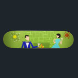 Middeleeuwse moderne paarse skateboard<br><div class="desc">Dit 'Mid Century Modern Couple Skateboard' lijkt op een scène uit een romantische komedie. Het minimalistische kunstontwerp uit de jaren zestig biedt een aantrekkelijk cartoon koppel dat thuis geniet van een romantische avond. De verfijnde kamer is opvallend voorzien van een groene stenen muur met een aanstootgevend vuur in de haard....</div>
