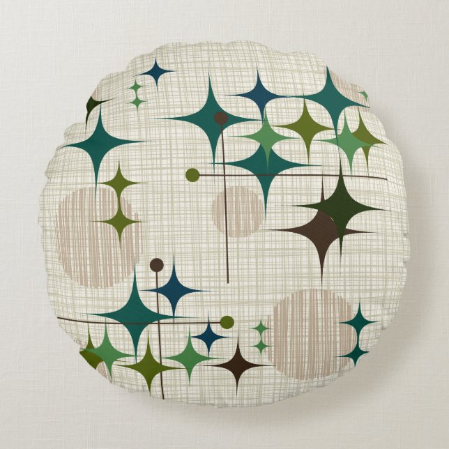 Middeleeuwse moderne Starbursts en Wereldbollen Rond Kussen (Voorkant)