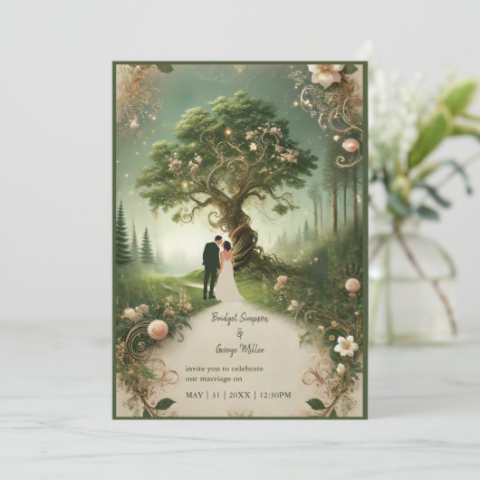 Middeleeuwse mystieke betoverde bos bruiloft kaart (Staand voorkant)