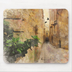 Middeleeuwse Narrow Street Oude Gebouwen Waterverf Muismat
