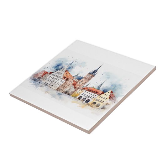 Middeleeuwse oude stad waterverf tegeltje (Zijkant)