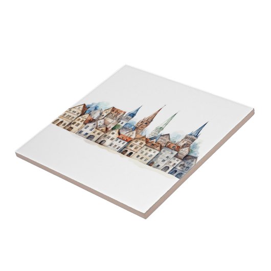 Middeleeuwse oude stad waterverf tegeltje (Zijkant)