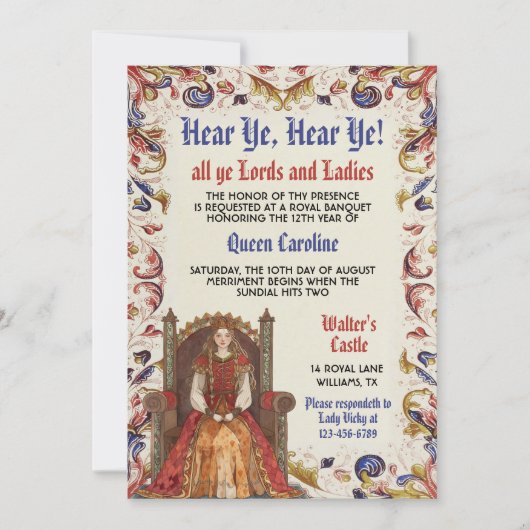 Middeleeuwse Renaissance Koningin Verjaardag Uitno Kaart (Voorkant)