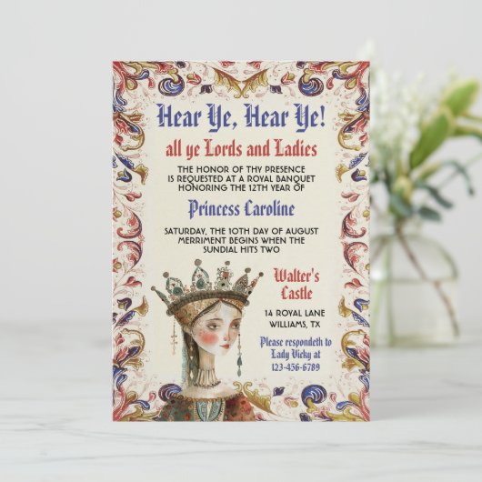 middeleeuwse renaissance prinses verjaardagsuitnod kaart (Staand voorkant)