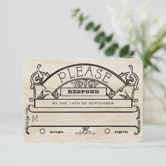 Middeleeuwse Renaissance Rustiek Houten Patroon RS RSVP Kaartje (Staand voorkant)
