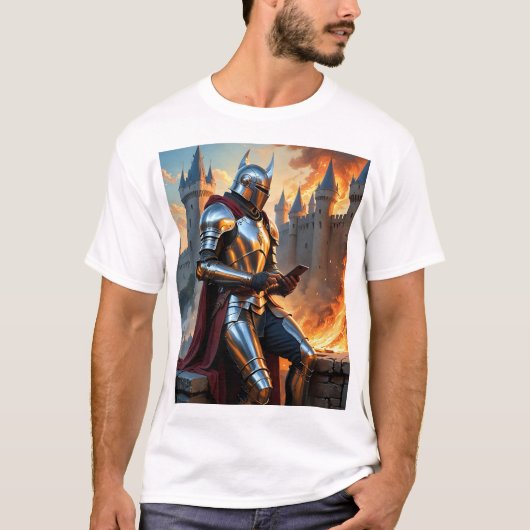 Middeleeuwse Ridder Castle Fire Funny Fantasy Art  T-shirt (Voorkant)