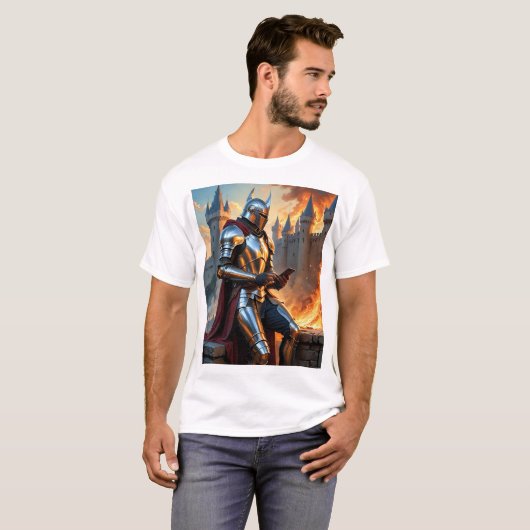 Middeleeuwse Ridder Castle Fire Funny Fantasy Art  T-shirt (Voorkant volledig)