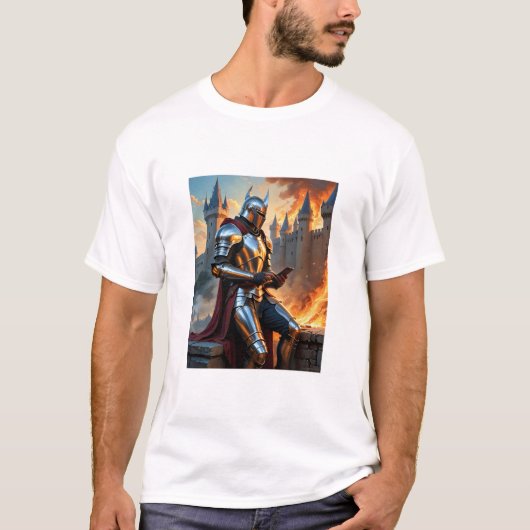 Middeleeuwse Ridder Castle Fire Funny Fantasy Art  T-shirt (Voorkant)
